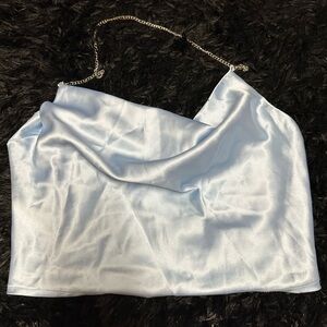 blue satin cowl neck top